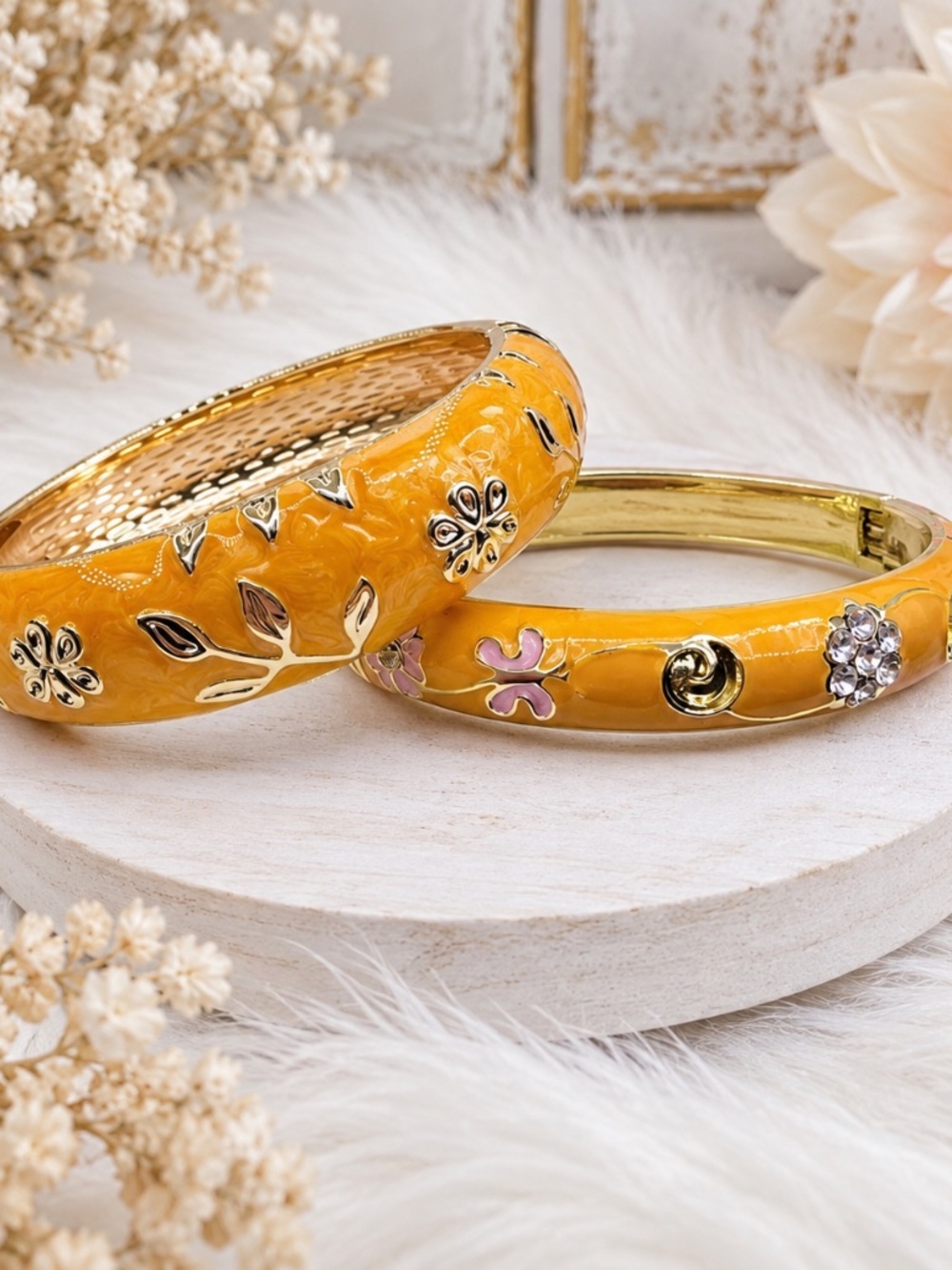 Fall fest Orange Enamel Floral Gold Tone Hinged Bangle Bracelet Set of 2